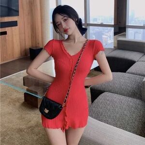 Red V-Neck Ribbed Dress